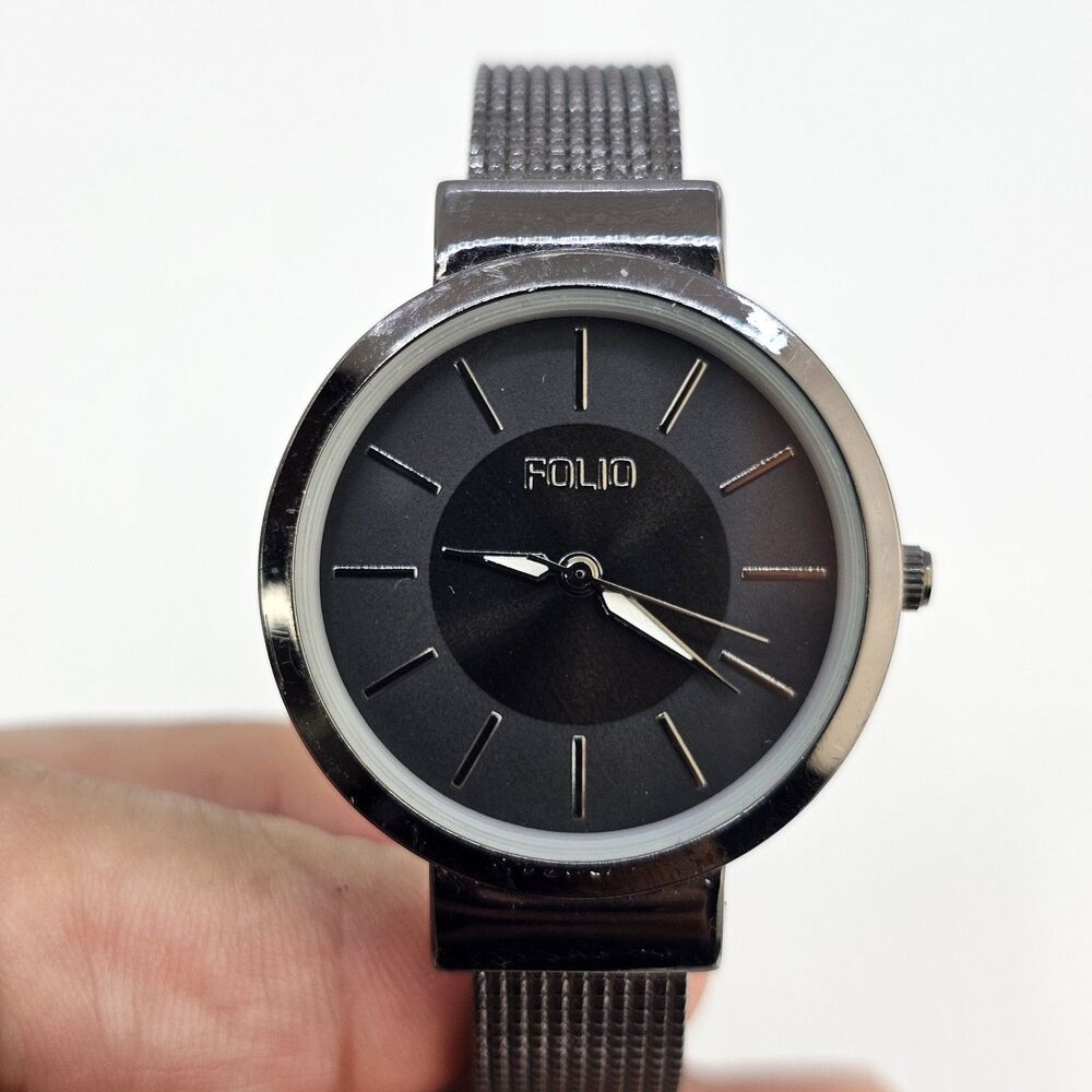 Folio Women's‎ Cuff Watch 32MM Black Dial Black Bracelet Band 5.5" New Battery